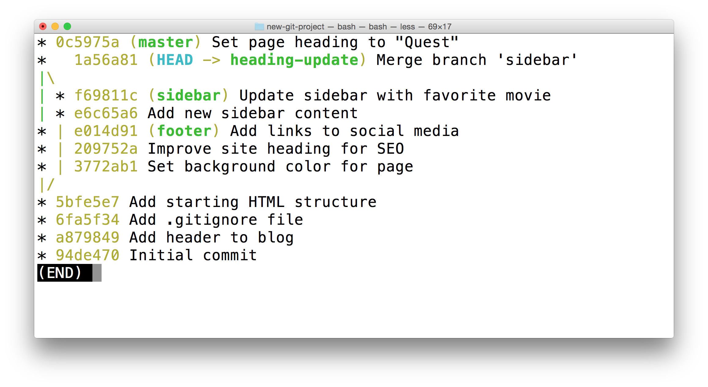 _The Terminal application showing the output of `git log --oneline --decorate --graph --all`. The `heading-update` branch is currently checked out._